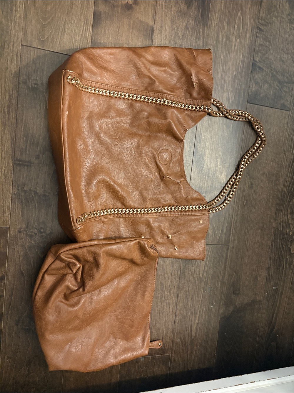 Tan Brown Leather Tote with Chain Handles